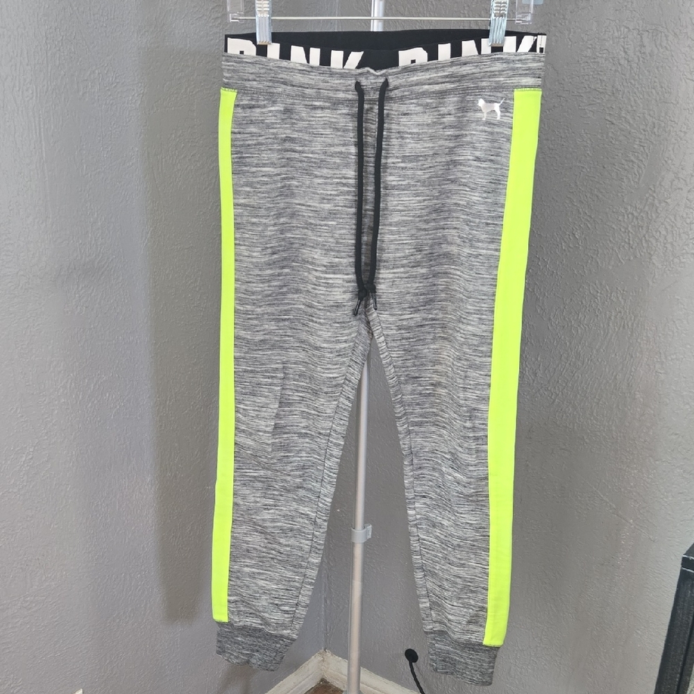 ^PINK Victoria's Secret Gray Joggers with Neon Yellow Stripes